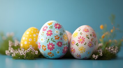 Fototapeta premium Colorful easter eggs with floral patterns displayed on blue background