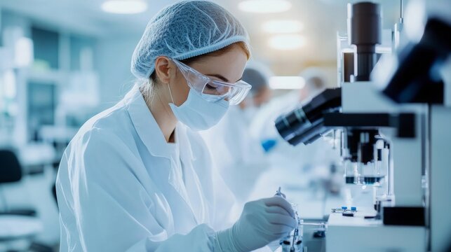 manufacturer, female doctor in protective clothing of implantable lenses for ophthalmic surgery, 16:9