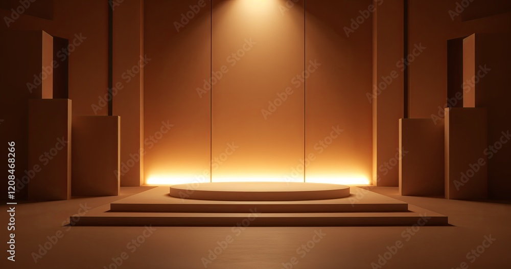Poster minimalist, modern studio setup with a circular podium and two step platforms, illuminated by a warm