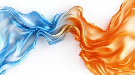 Flowing blue and orange silk fabric waves on a white background