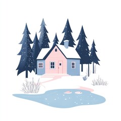 Fototapeta premium Winter Cottage Scene with Frozen Pond and Trees