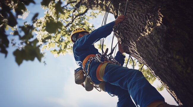Un homme grimpant sur un arbre pour r&eacute;parer une ligne &eacute;lectrique, portant un uniforme bleu avec un casque jaune et un &eacute;quipement de s&eacute;curit&eacute;, vue en contre plong&eacute;e.