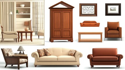 Elegant living room furniture and d&eacute;cor with sofas, chairs, and art