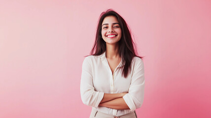 Fototapeta premium A woman with long hair is smiling and posing for a picture