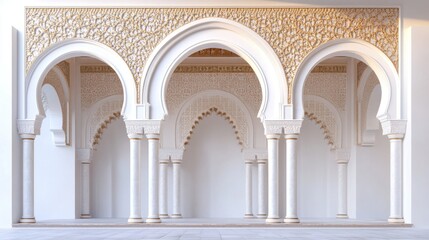 Obraz premium Moorish arches, palace courtyard, sunrise, 3D render, design