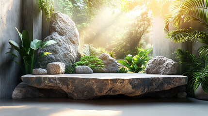 A minimalist natural stone podium stage with an abstract marble rock showcase set against a blurred tropical summer backdrop, evoking a sense of calm and purity in a bright and open space

