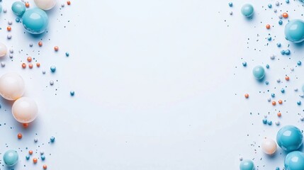 Pastel balloons, sprinkles border, blue background, party invitation
