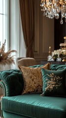 Lavish and extravagant mansion living room featuring a plush velvet sofa adorned with intricate patterned cushions and pillows set against a backdrop of ornate curtains a grand chandelier