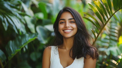 A woman with long hair is smiling in front of a green plant
