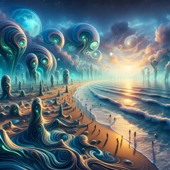 Obraz premium A surreal beach where the ocean is made of liquid light and waves crash in slow motion, while strange, otherworldly creatures roam the shore