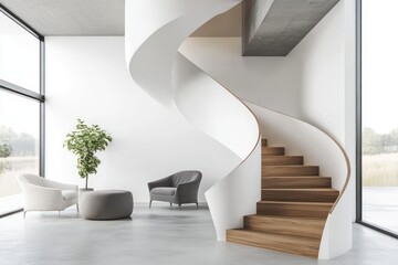 Modern white spiral staircase in contemporary home with lounge area and scenic view