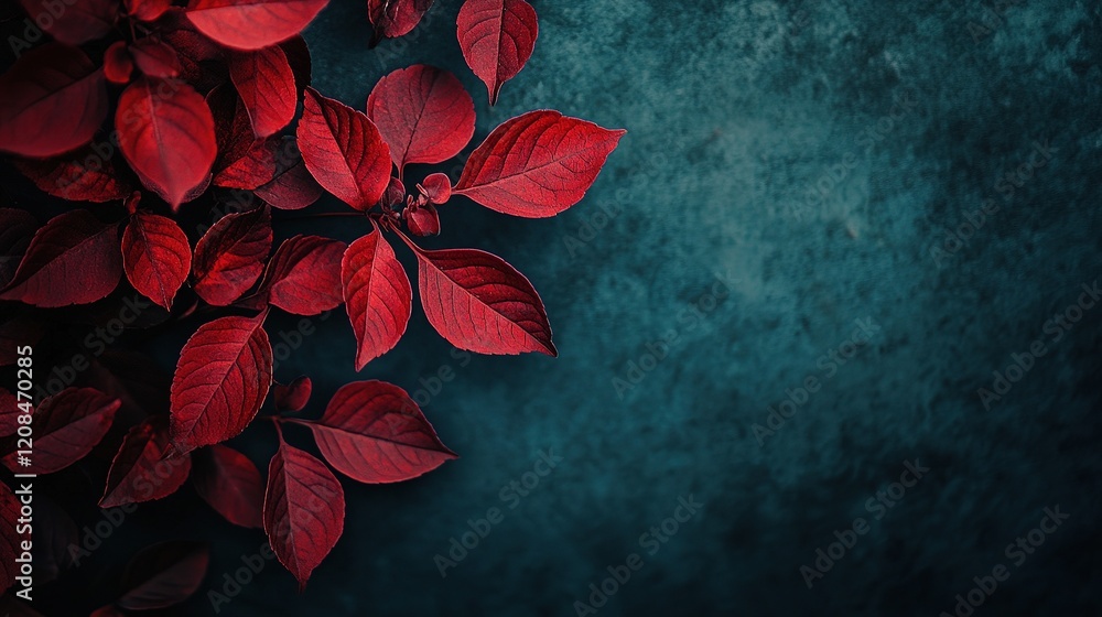 Poster Dark Red Hydrangea Leaves on Moody Background with Textured Surface