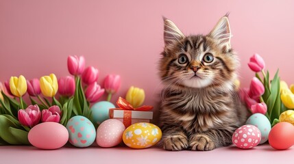 Adorable cat with easter eggs and tulips for holiday greeting card design