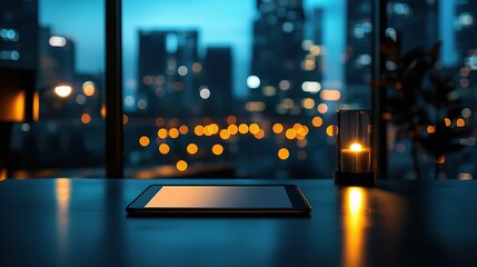 Modern Workspace with Tablet Mockup and Urban Night View