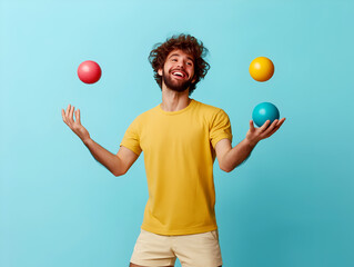 Cheerful young man juggling colorful balls, wearing a yellow t-shirt and beige shorts, standing against a bright blue background, playful and skillful moment of joy captured