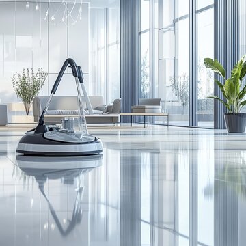A modern and professional cleaning scene showcasing a sparkling-clean residential or office space