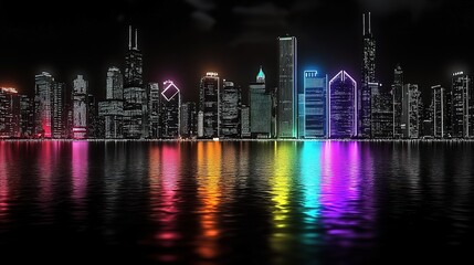 Modern Black and White Cityscape with Colorful Neon Lights