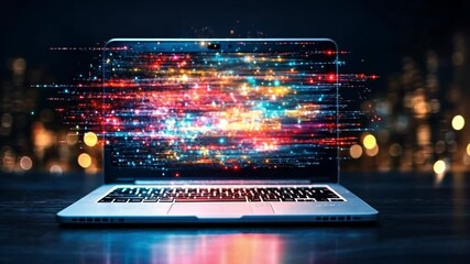 Colorful data streams emerging from a laptop in a bright city evening ambiance