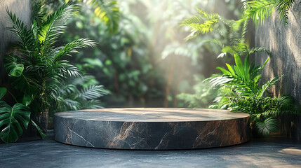 A minimalist natural stone podium stage with an abstract marble rock showcase set against a blurred tropical summer backdrop, evoking a sense of calm and purity in a bright and open space


