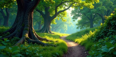 Winding forest path with ancient trees and undergrowth, foliage, trail