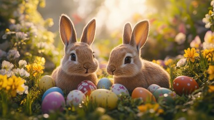 Joyful spring day with bunnies in a garden surrounded by easter eggs and flowers