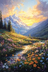 A serene mountain landscape with vibrant wildflowers, a peaceful river, and a sunrise casting golden light across the scene.