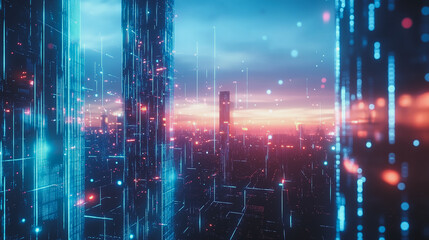 Obraz premium smart, digital, city, connection, network, innovation, Smart digital Innovation city with connection network reciprocity over the cityscape. of future smart wireless digital city and social media netw