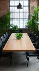 Fototapeta premium Modern conference room with a long wooden table surrounded by black chairs and greenery, perfect for meetings and discussions.