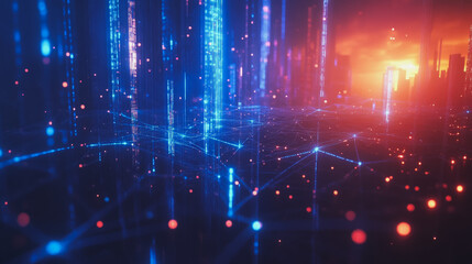 Fototapeta premium smart, digital, city, connection, network, innovation, Smart digital Innovation city with connection network reciprocity over the cityscape. of future smart wireless digital city and social media netw