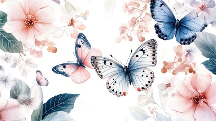 Pastel butterflies flying amidst blooming flowers; spring background for design