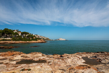 Blick von der Playa de Santa Lucía auf Peníscola, Provinz Castellón, Autonome Gemeinschaft...