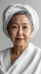 Elegant Asian elderly woman with glowing skin in white robe and towel