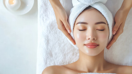 Asian woman enjoying relaxing facial massage at spa