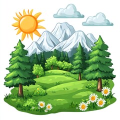 Obraz premium Sunny Mountain Landscape With Green Trees And Flowers