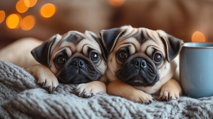 Obraz premium Two adorable pug puppies relaxing on cozy blanket with warm lighting