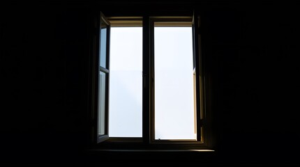 Fototapeta premium Dark wall and an open window. Bright sky outside the window.