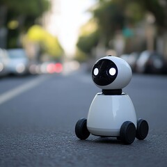Fototapeta premium A small white robot with black wheels, featuring a round head with a camera and two LED lights, standing on a city street with blurred cars and trees in the background
