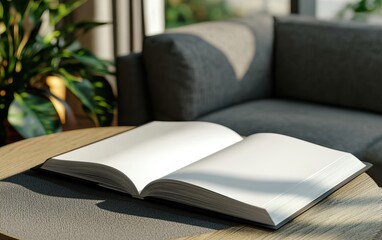 An open magazine with blank pages on a modern coffee table, stylish and aesthetic