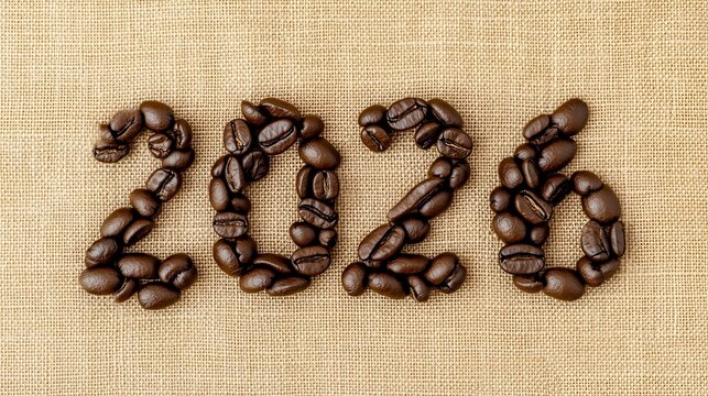Roasted Coffee Beans Forming The Number 2026, A New Year Concept On Burlap Background