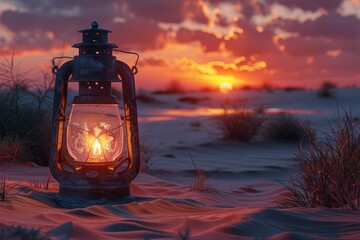 Glowing Lantern Illuminates Desert Sunset Landscape