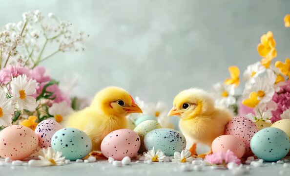 Two baby chicks are sitting in the grass surrounded by colorful easter eggs, celebrating the arrival of spring and the easter holiday