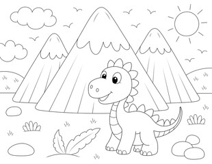 coloring page for kids, cute dinosaur and mountains. ready to print on standard 8.5x11 inch paper