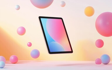 Floating tablet mockup over a dynamic abstract background with smooth gradient colors