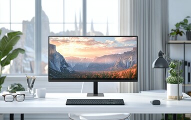 Fototapeta premium Modern office environment with a high-resolution monitor mockup on a clean white desk, subtle decor and soft lighting