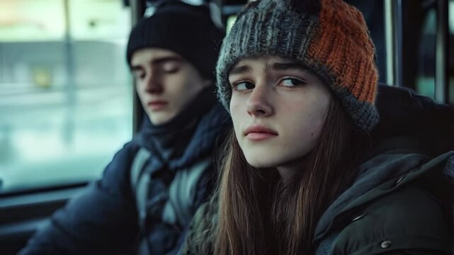 Young unhappy young woman and man in winter hats and jackets riding public transport early morning gazing gloomily through windows. Concept of daily routine depression