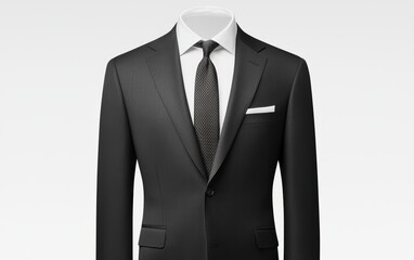 Professional dark grey suit mockup, sleek design, structured shoulders, displayed on a pure white background