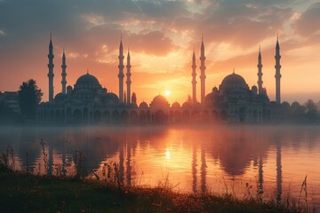 Obraz premium Majestic Mosque Silhouette at Sunrise Over Water