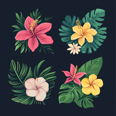 Set of Tropical Leaves and Exotic Flowers in Vibrant Colors