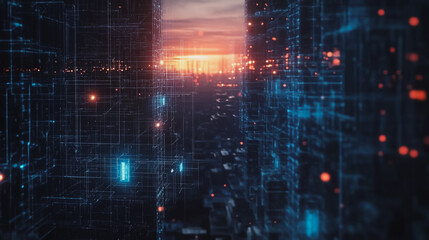 Obraz premium Smart digital Innovation city with connection network reciprocity over the cityscape. of future smart wireless digital city and social media networking systems that connects people with in city