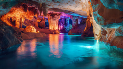 A serene cave featuring shimmering water and colorful lights illuminating the rocky walls. Shimmering Cave. Illustration